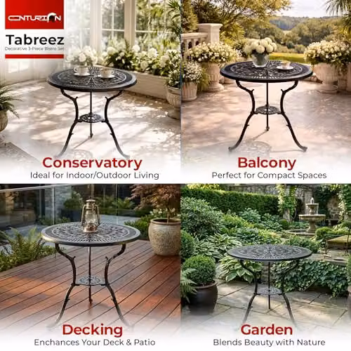 Centurion TABREEZ Cast Aluminium Round Garden Bistro Table in Black with Parasol Hole, Diameter: 69.5 cm – 4