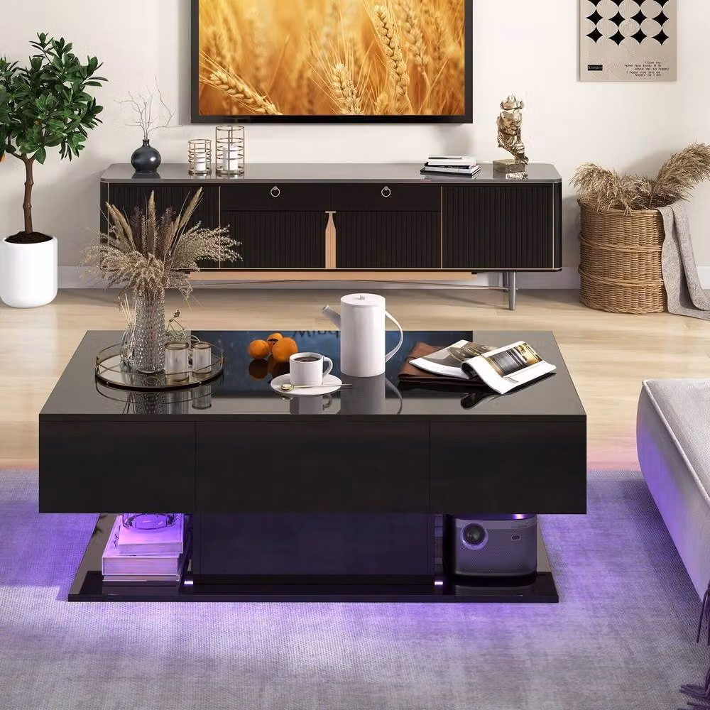 Gymax Modern High Glossy 2-Tier Rectangular Coffee Table with LED Lights in Black – 6