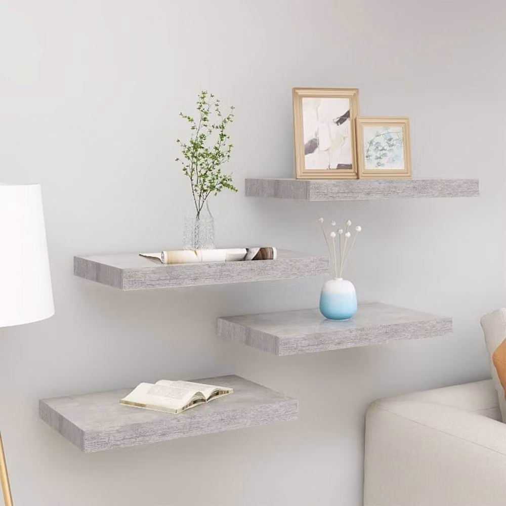 Berkfield Home Set of 4 Floating Wall Shelves in Concrete Grey MDF and Metal, W: 50 cm, D: 23 cm, H: 3.8 cm – 2