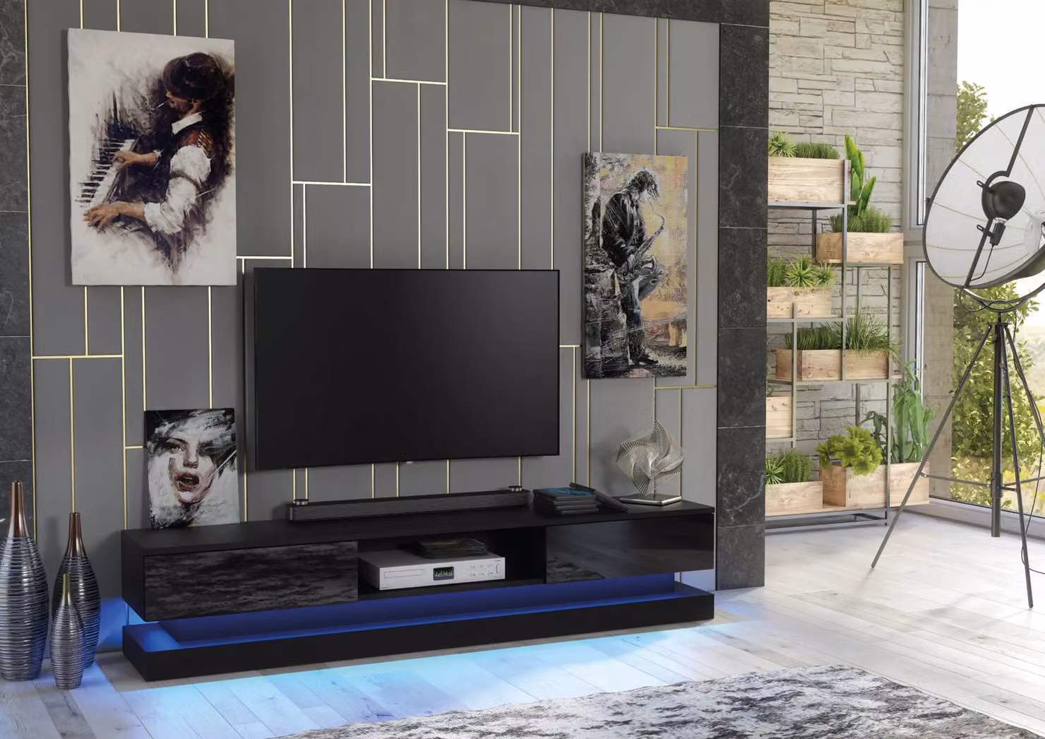 Creative Furniture Bloom Modern Glossy TV Unit in Black with Integrated Lighting, W: 180 cm, D: 35 cm, H: 36 cm – 3