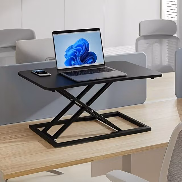 Livingandhome Height Adjustable Standing Desk Converter in Black with X-Frame and MDF Laminate Top