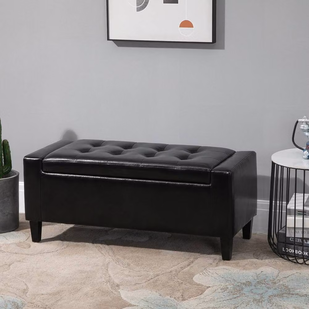 VOGREX Black Tufted PU Ottoman Bench with Wood Frame Feet, W: 90 cm, D: 40 cm, H: 40 cm – 3