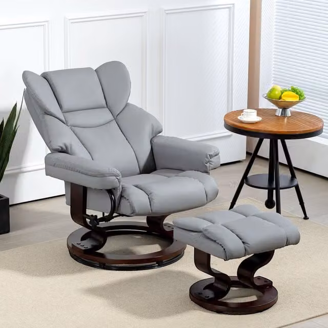 HOMCOM 360 Swivel Recliner Chair with Matching Ottoman in Grey PU Leather – 1