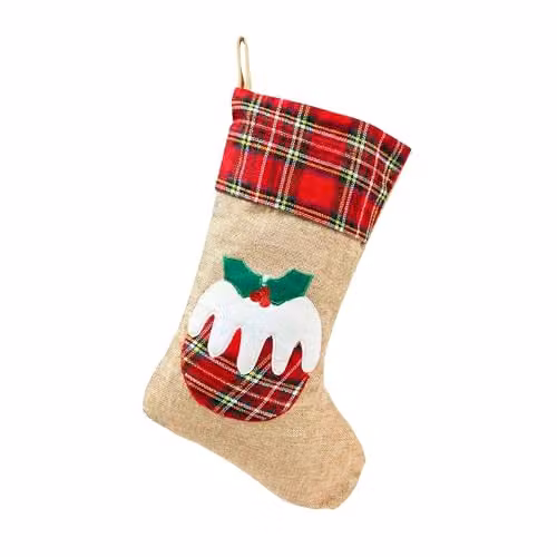 Shatchi Large Christmas Pudding Xmas Stocking in Brown Burlap Hessian Linen, W/H: 26 x 45 cm – 1
