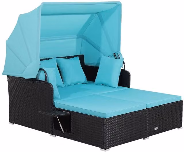 Gymax Turquoise Hand-Woven PE Wicker Patio Loveseat Sun Lounger Day Bed with Canopy and Side Tray