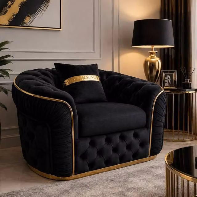 Stratus Interiors Ambassador Chesterfield Sofa in Black Plush Velvet with Gold Trim – 1