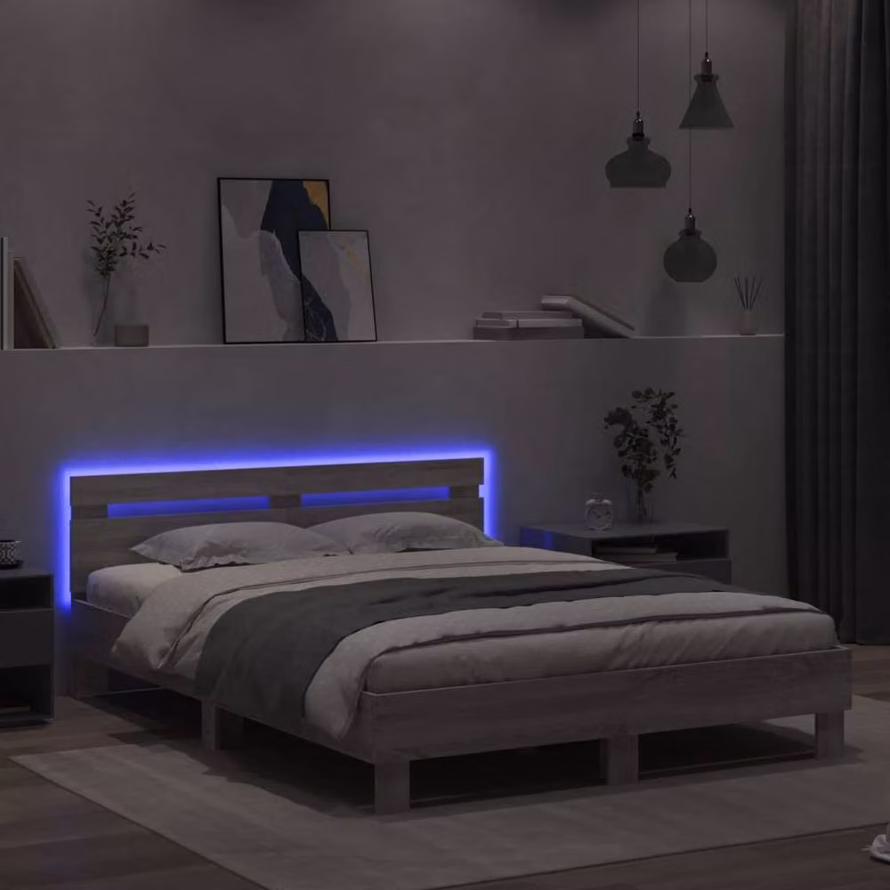 Berkfield Home Grey Sonoma King Size Bed Frame with LED Under-Bed Lighting and USB Charging Port – 3