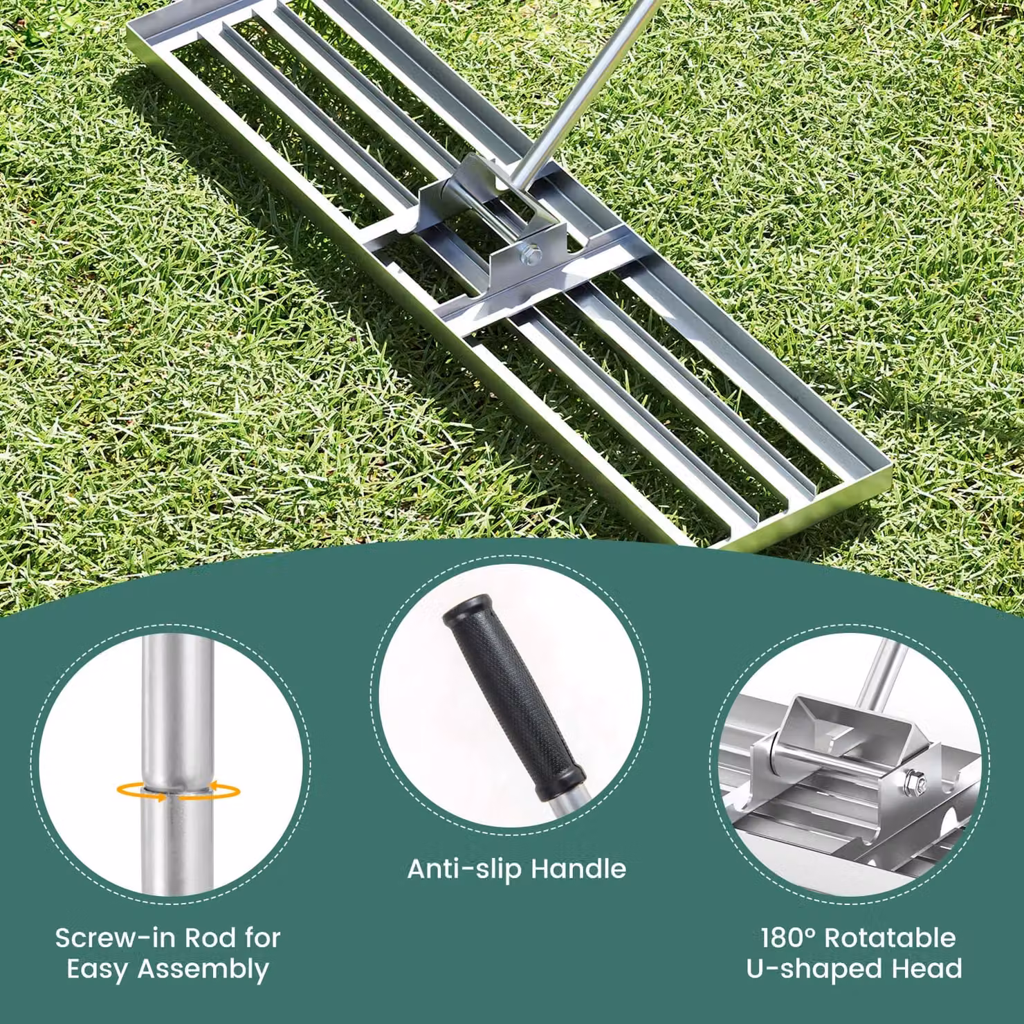 Gymax Heavy Duty Lawn Leveling Rake with Ergonomic Handle in Silver – 2