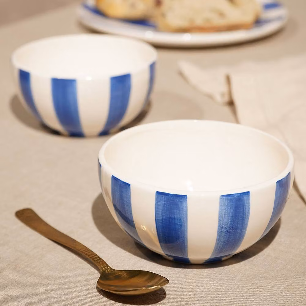 Hestia Set of 4 Blue and White Striped Ceramic Bowls – 3