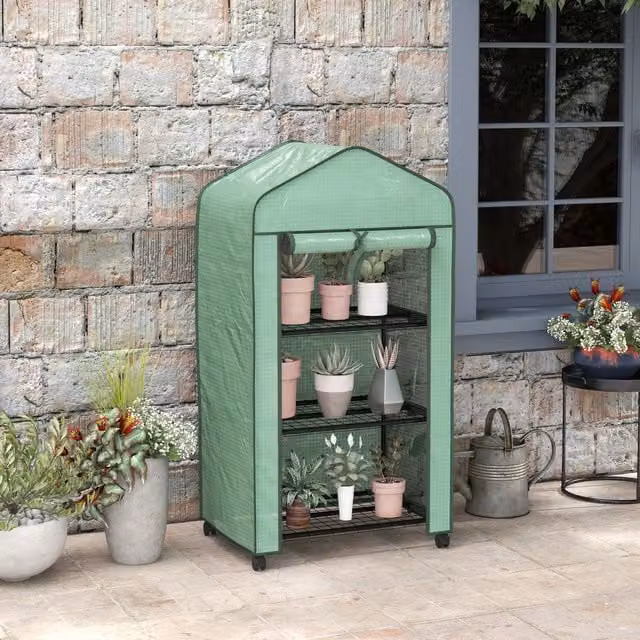 Outsunny 3 Tier Mini Greenhouse with Reinforced PE Cover and Wheels, Green