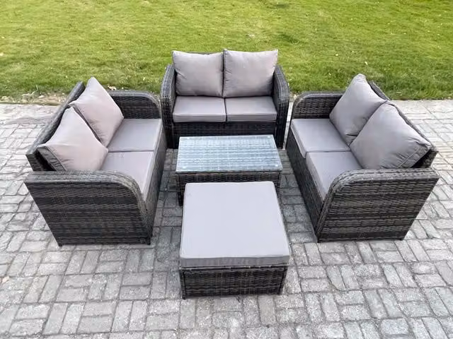 Fimous 7 Seater Rattan Garden Furniture Set in Dark Grey with U-Shape Sofa, Coffee Table and Ottoman