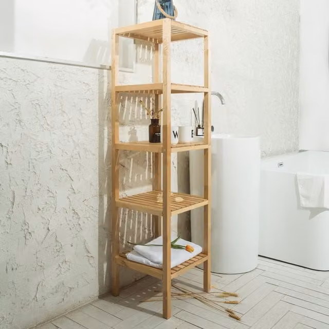 HMD Furniture Birch Wood Book Storage Shelf in Sand/Beige, H 139 x W 37 x D 37 cm