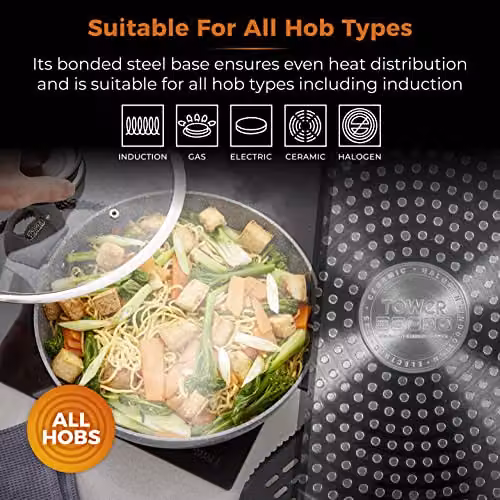 Tower Cerastone Non Stick Ceramic Wok with Glass Lid, Grey, 30 cm – 4
