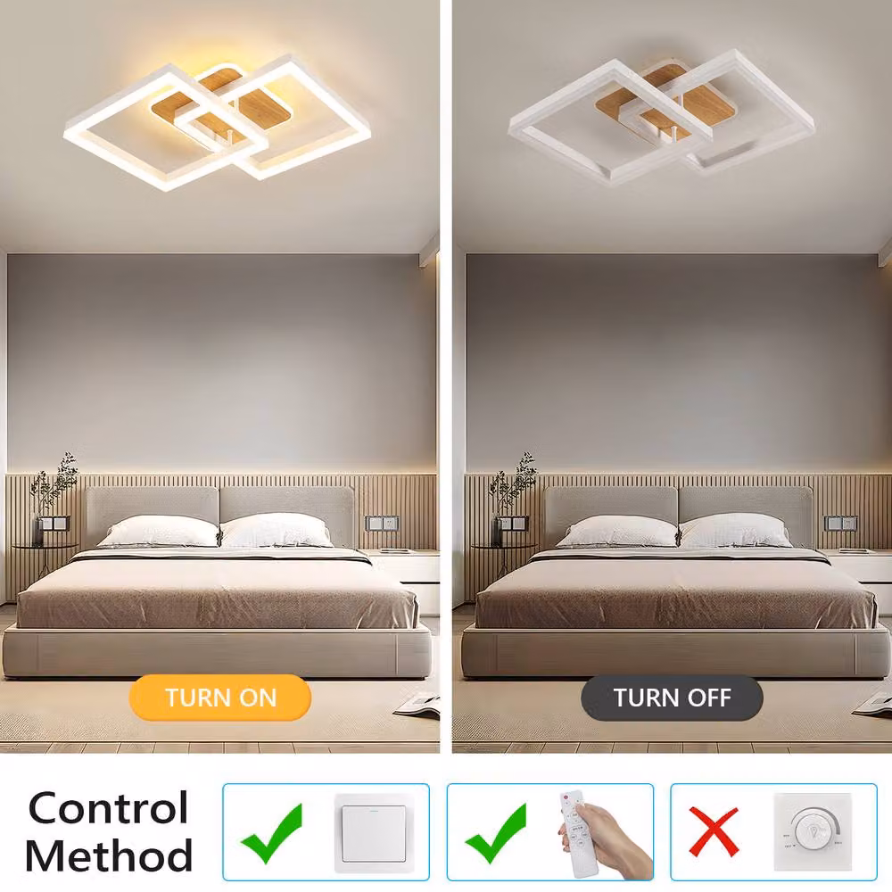 Pheashine White and Wood Grain Square LED Ceiling Lamp, 40W Dimmable with Remote Control – 2