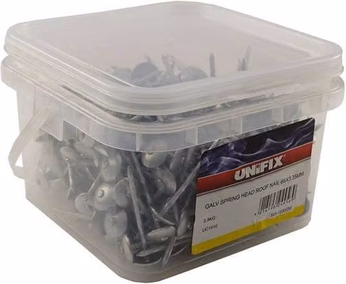 Unifix Galvanised Spring Head Roof Nails, Silver, Box of 2, Length: 65 mm, Diameter: 3.35 mm