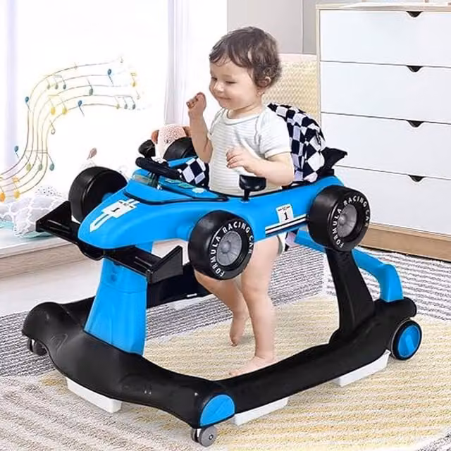 Costway 4-in-1 Foldable Language-Free Push Along Activity Walker in Blue