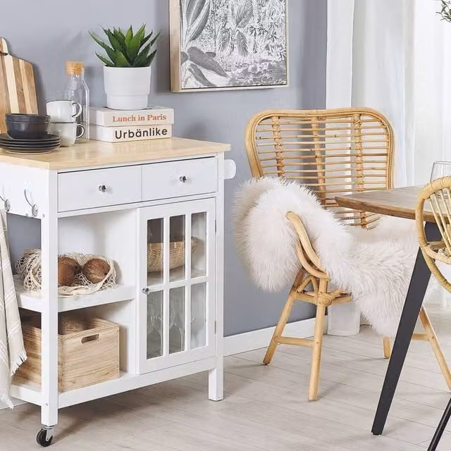 Wyld and Coco Nordic Scandinavian Kitchen Trolley in White Lacquered MDF with Pine Top