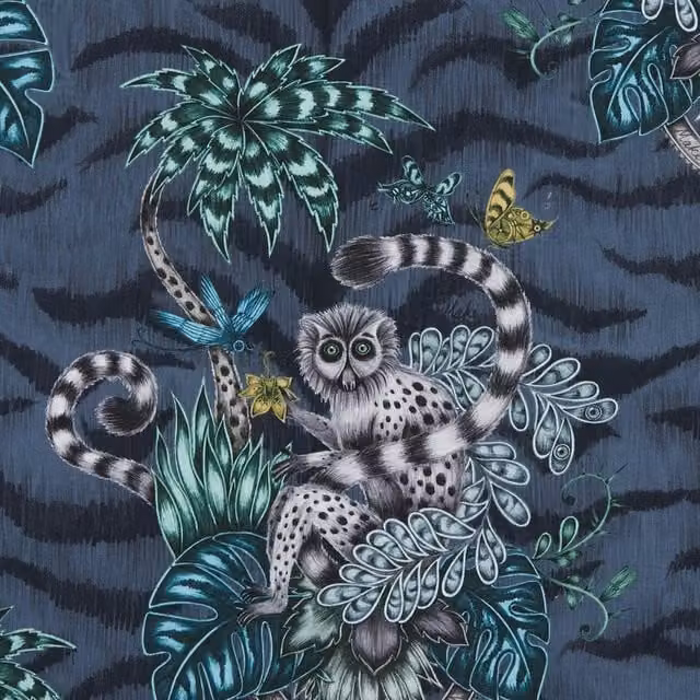 Emma Shipley Lemur Graphic Cotton Fabric in Navy and Multicolour