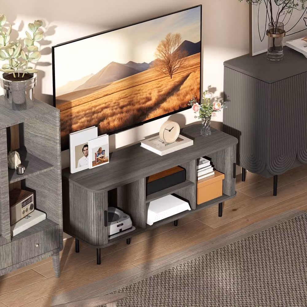 STILVORA Mid-Century TV Stand with 2 Doors and Shelves in Matt Grey – 10