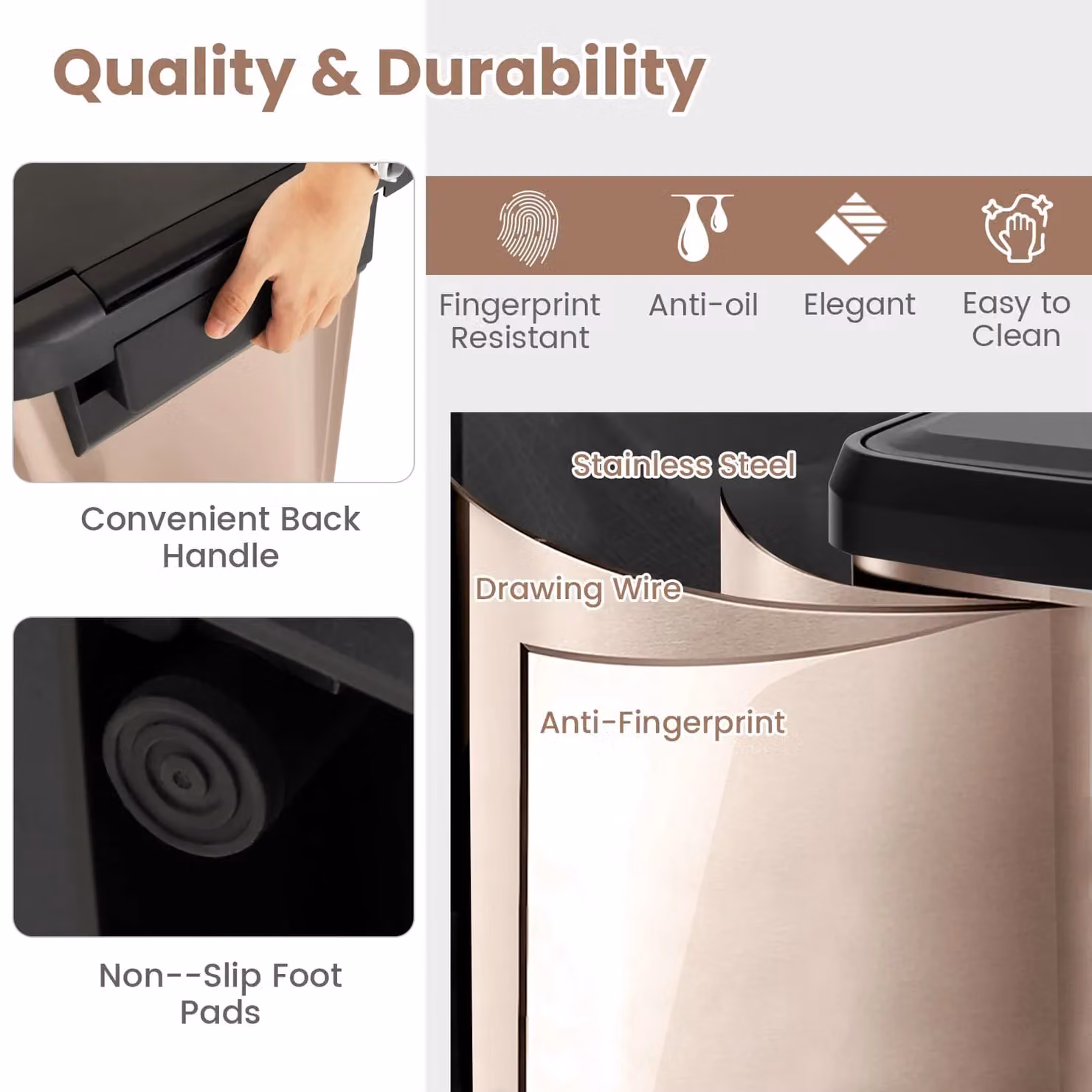 Gymax 68L Rose Gold Stainless Steel Recycling Pedal Bin with Soft Close Lid and Odour Filter – 4