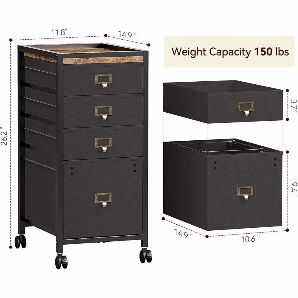 VOGREX 4 Drawer Black Metal Vertical File Cabinet with Lock and Castors – 2