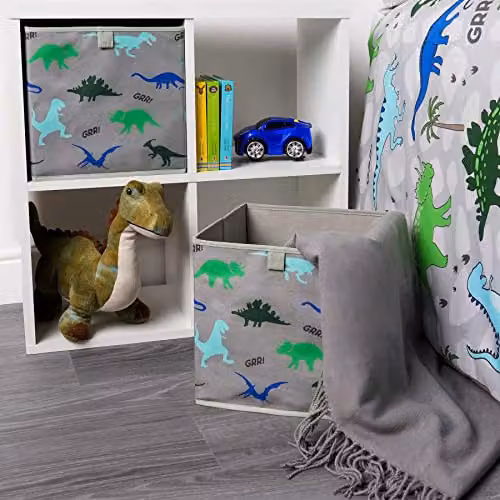 OHS Pack of 4 Foldable Dinosaur Print Childrens Storage Cube Organisers in Grey, Green and Blue, W/D/H: 27 x 27 x 27 cm – 5