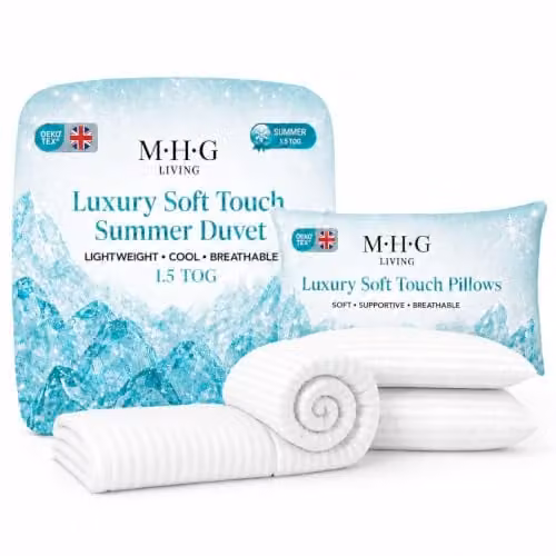 MHG Living Double Summer Duvet 1.5 Tog and 2 Pillows Set, White, W/D/H: 200 x 200 cm – 1