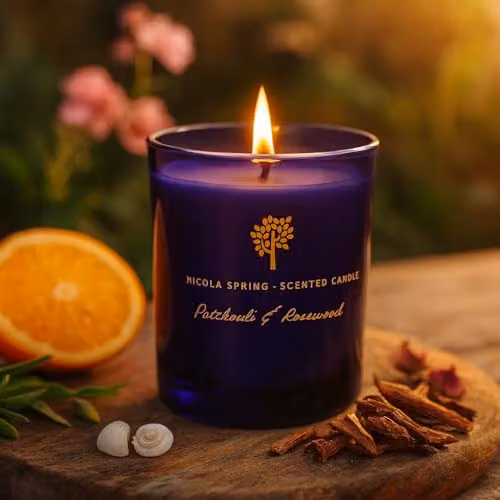 Nicola Spring Patchouli & Rosewood Scented Soy Wax Candle in Blue Glass, 130g – 2