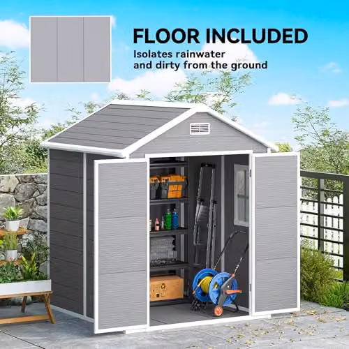 Outsunny Grey Resin Garden Shed with Double Doors, Window and Floor, W/D/H: 182 x 151 x 219 cm – 4