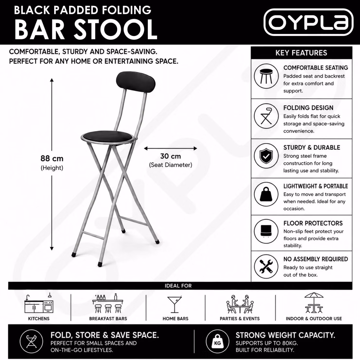 Oypla Padded Folding Kitchen Bar Stool in Black and Silver – 2