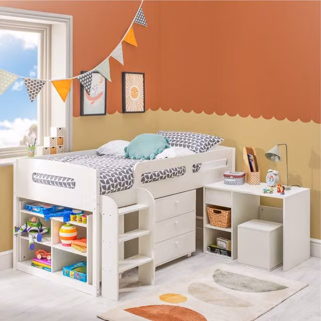 Home Treats Cabin Single Mid Sleeper Storage Bed with Hybrid Mattress in White