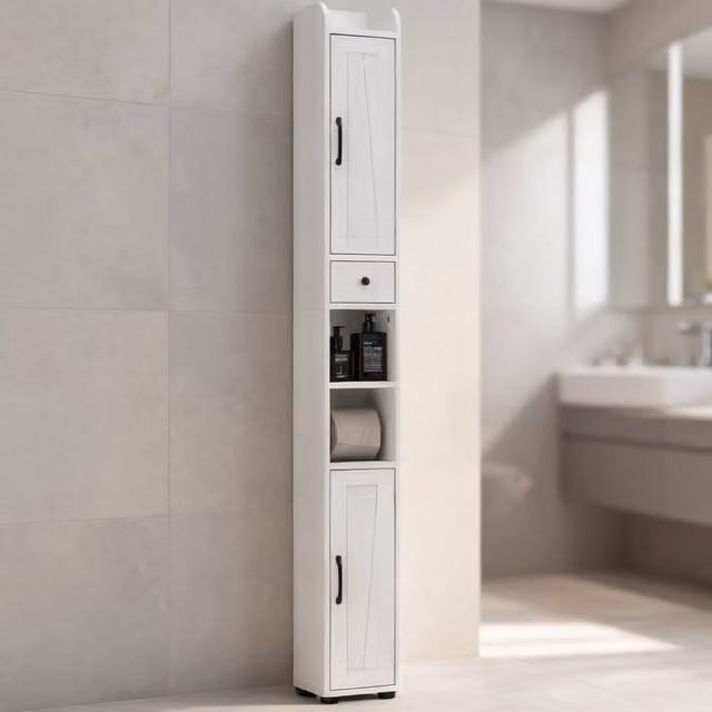 ERGOVEXA Tall White Bathroom Cabinet with Internal Drawers and Adjustable Shelves – 1
