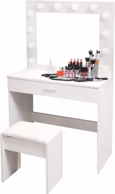 Alivio Hollywood Dressing Table with LED Lights and Stool Set in White