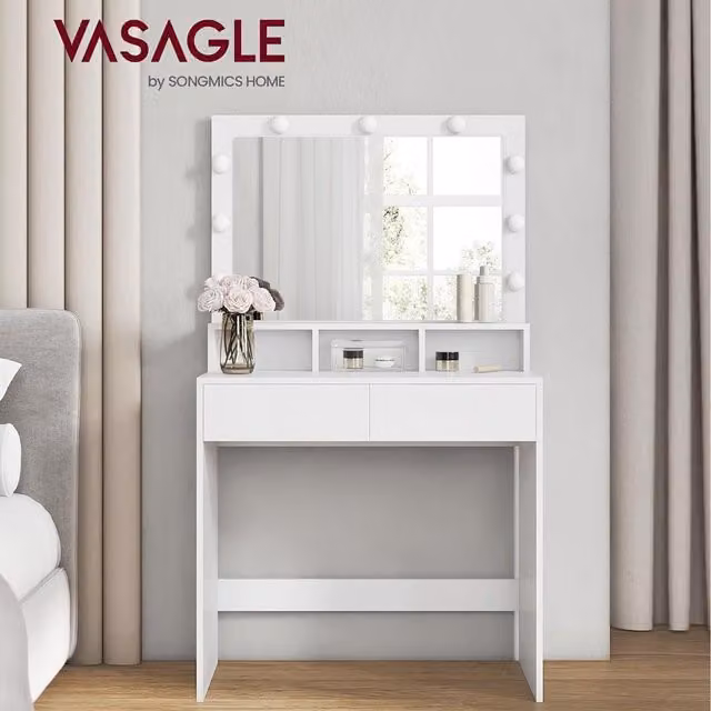 VASAGLE Modern Dressing Table with Hollywood LED Lights in Black