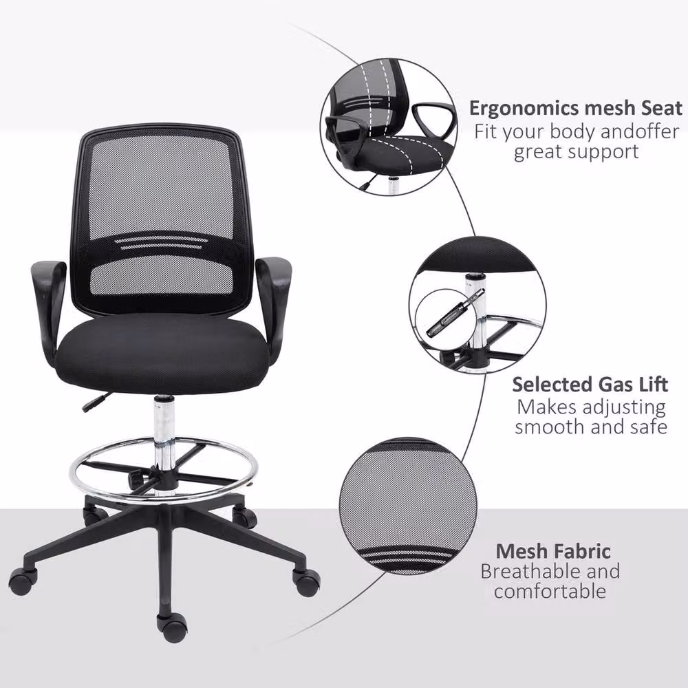FORGEVIO Black Fabric Draughtsman Chair with Adjustable Height, Foot Ring and Swivel Function – 4