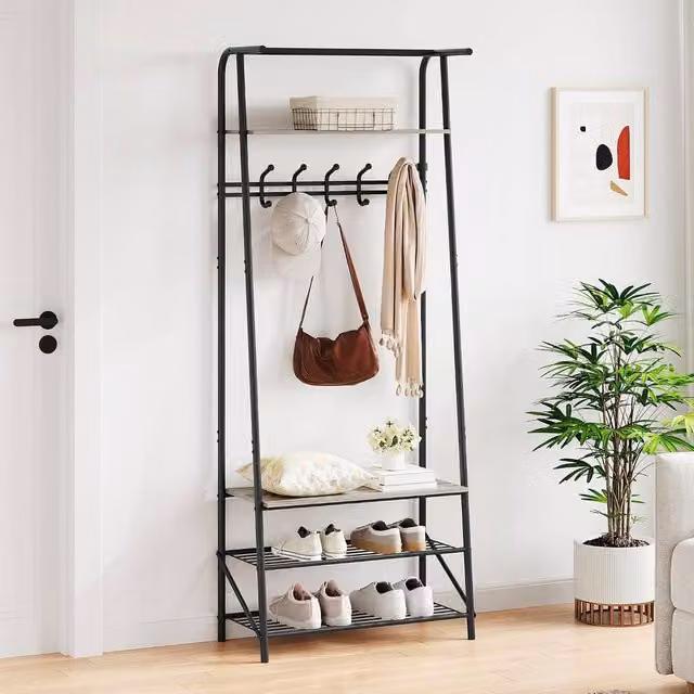 London Boutique 4-in-1 Industrial Hall Tree with Shoe Bench and Coat Rack in Grey and Black