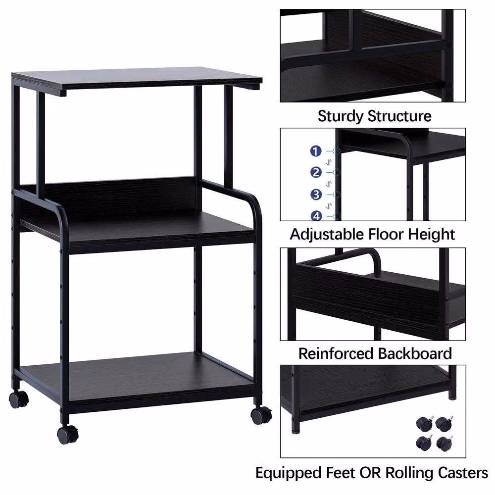 Huhote 3-Tier Rolling Printer Stand with Adjustable Shelves in Black – 3