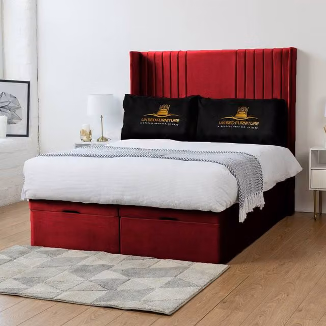 Luxor Living Maroon Velvet Wingback Ottoman Divan Bed with 54 Inch Headboard, W/D/H: 120 x 200 cm