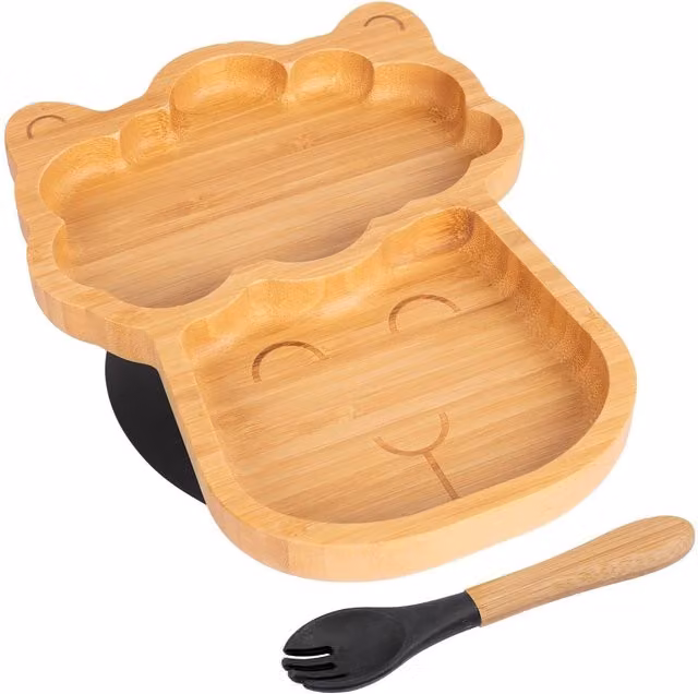 Tiny Dining Bamboo Divided Toddler Weaning Plate and Fork Set in Black and Brown