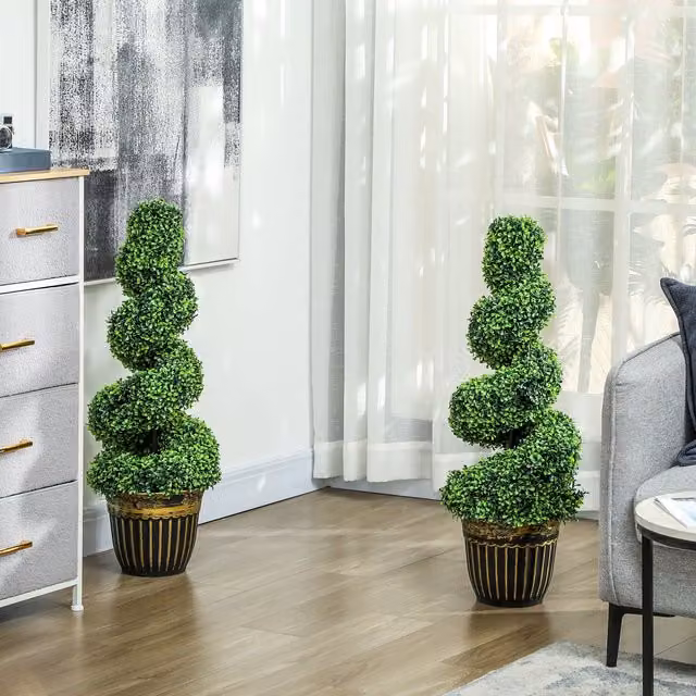 HOMCOM Set of 2 Green Spiral Artificial Boxwood Trees for Tabletop Decoration – 1