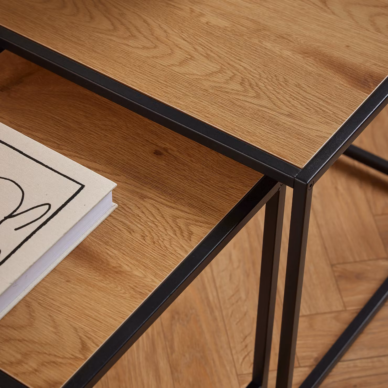 Furniture To Go Seaford Nest of Tables with Black Metal Frame and Brown Oak Wood Tops – 5