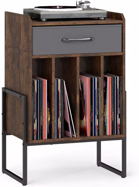 COSTWAY Industrial Record Player Stand and Vinyl Display Shelf in Brown Matt Wood and Metal