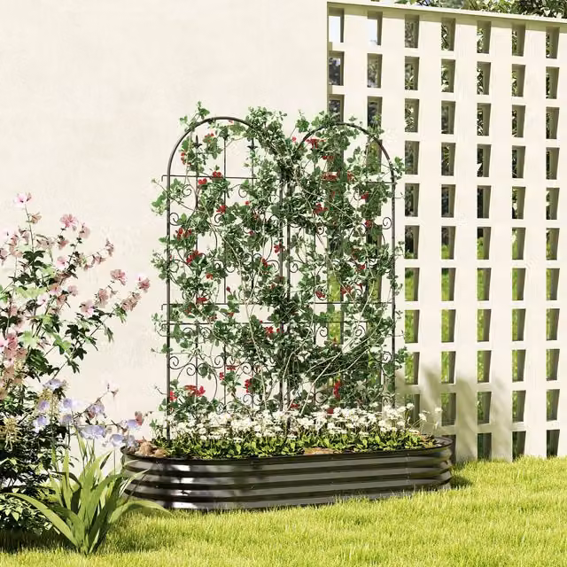 Outsunny Set of 2 Black Powder-Coated Metal Trellis Panels for Climbing Plants and Ornamental Gardens