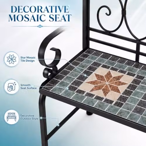 SHATCHI Marrakech 2 Seater Mosaic Garden Bench with Multicolour Geometric Ceramic Tile Seat and Lacquered Metal Frame, W: 112 cm, H: 96 cm, D: 47 cm – 3