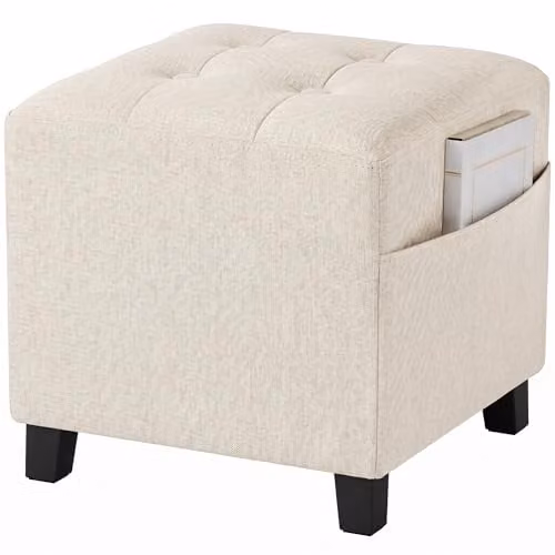 HOMCOM Square Fabric Ottoman with Side Pocket in Beige, W/D/H: 35 x 35 x 35 cm