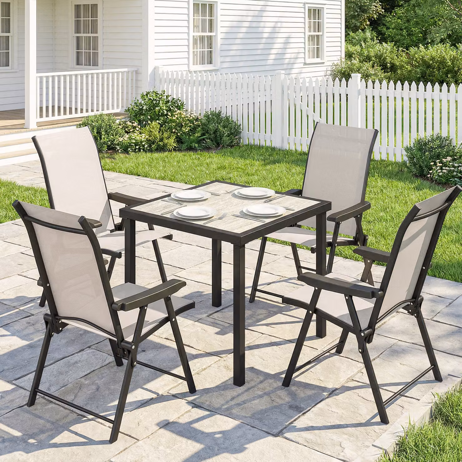 Outsunny 5 Piece Outdoor Dining Set with Square Table and Folding Chairs in Brown and Beige – 2