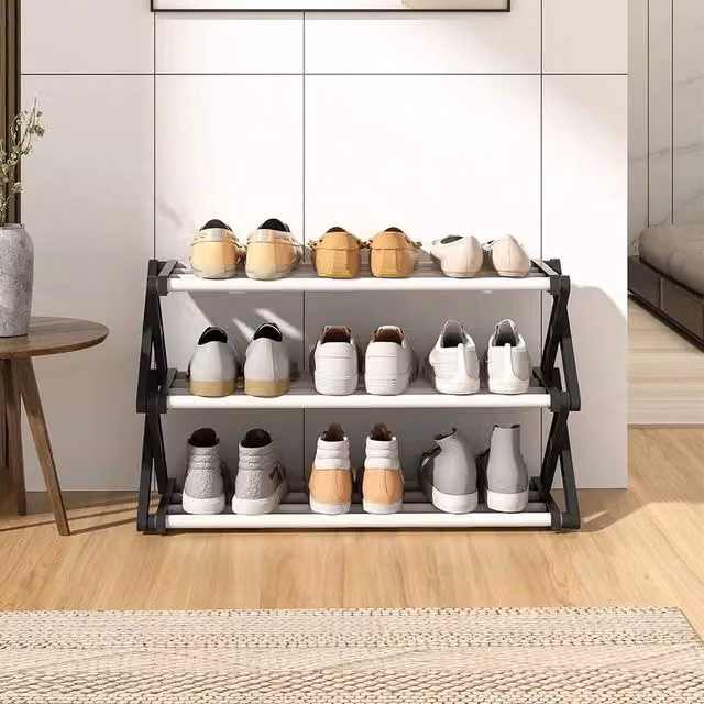 EONLION 3 Tier Folding Metal Shoe Rack in Black, Width: 50 cm
