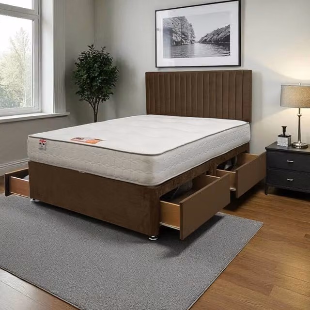 Knight Sleep Emily Plush Hybrid Bed Set with Mattress, 4 Drawers and Headboard, Brown/Grey, W/D/H: 140 x 200 cm