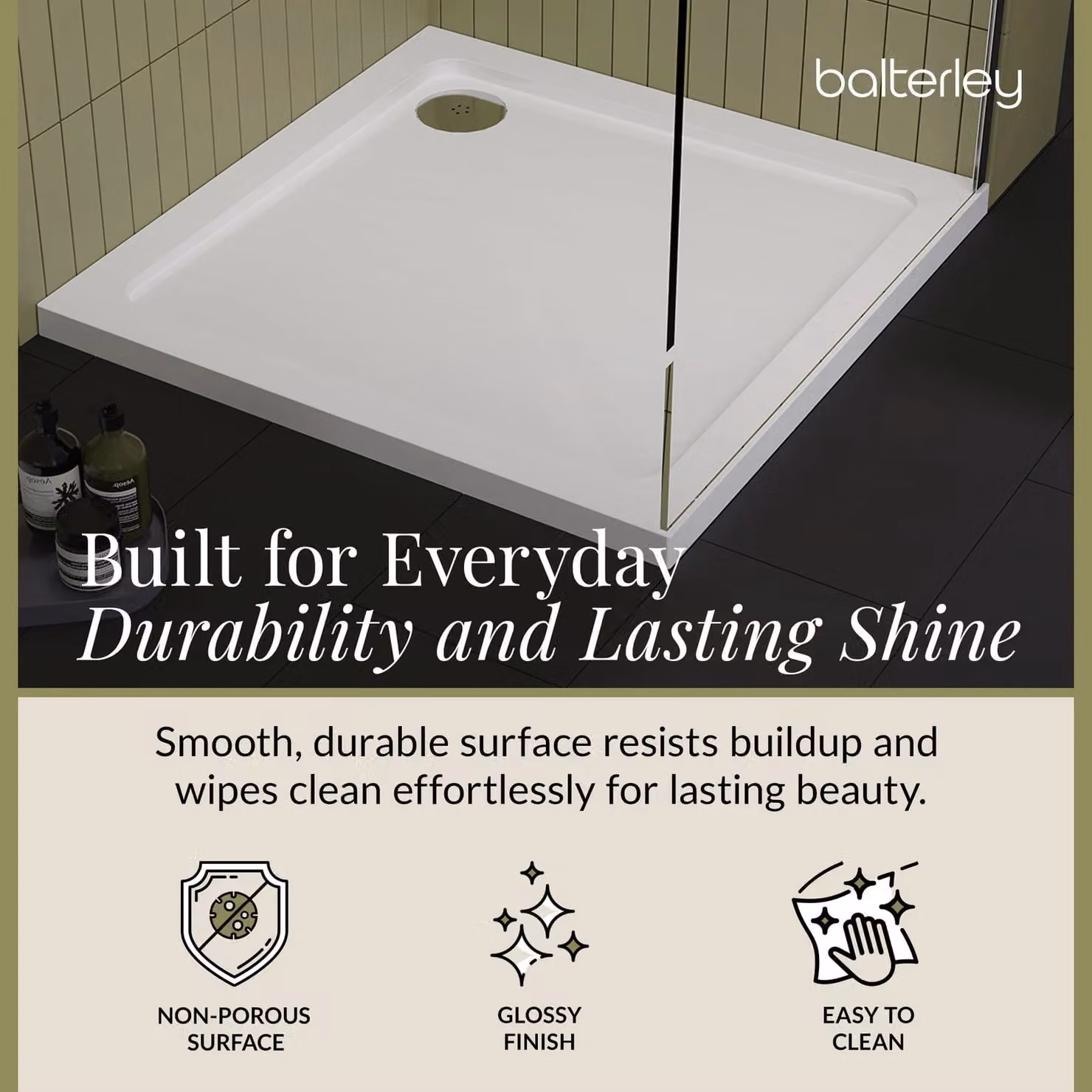 Balterley Premium Square Shower Tray, White, W/D: 80 x 80 cm – 3