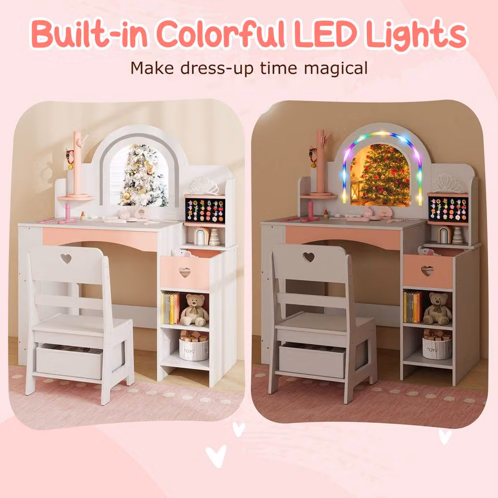 CASART Kids Vanity Desk with Hollywood LED Mirror in White – 3